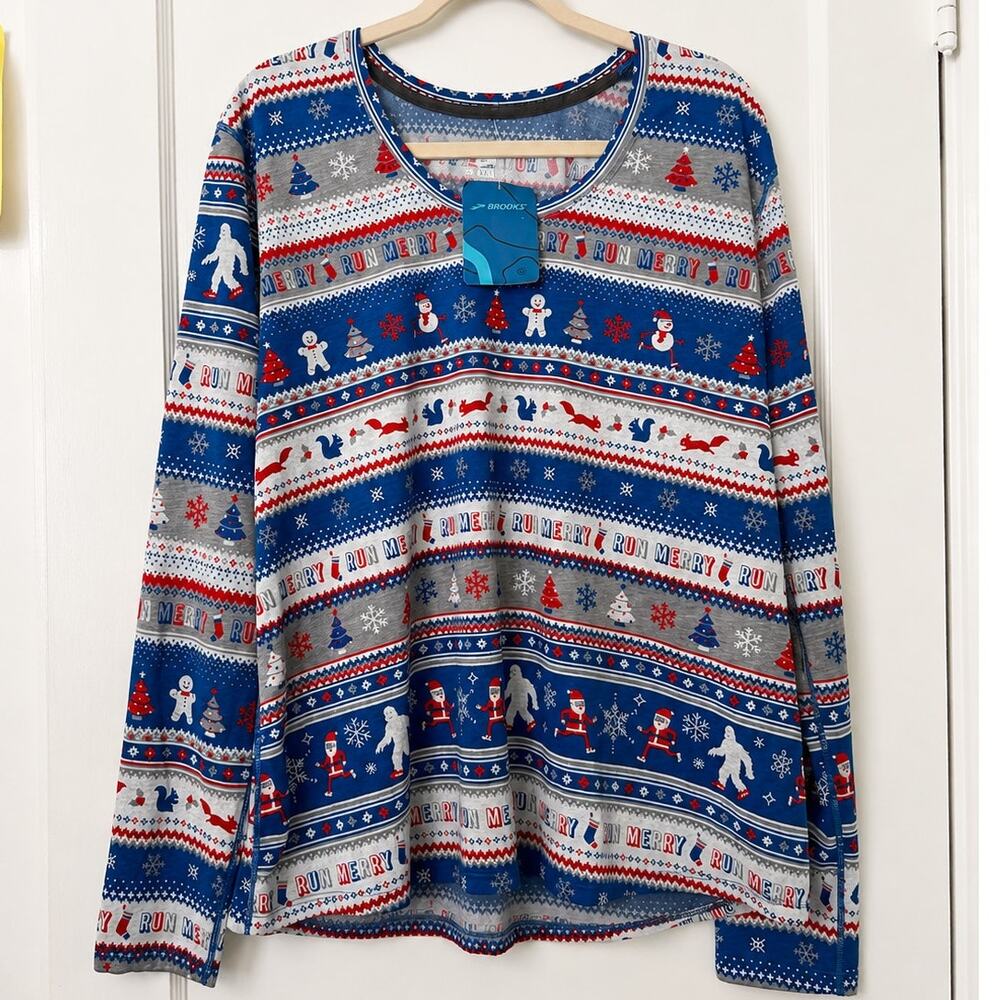 Brooks Run Merry Distance Graphic Long Sleeve Shirt XXL Christmas Holiday NWT